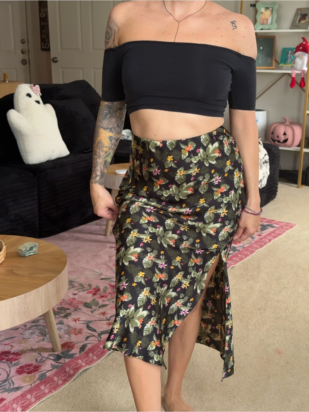 Floral Midi Slip Skirt with Side Slit - Black